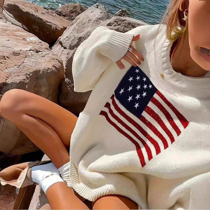 Strickpullover Damen mit amerikanischem Flaggenmotiv Rundhalsausschnitt