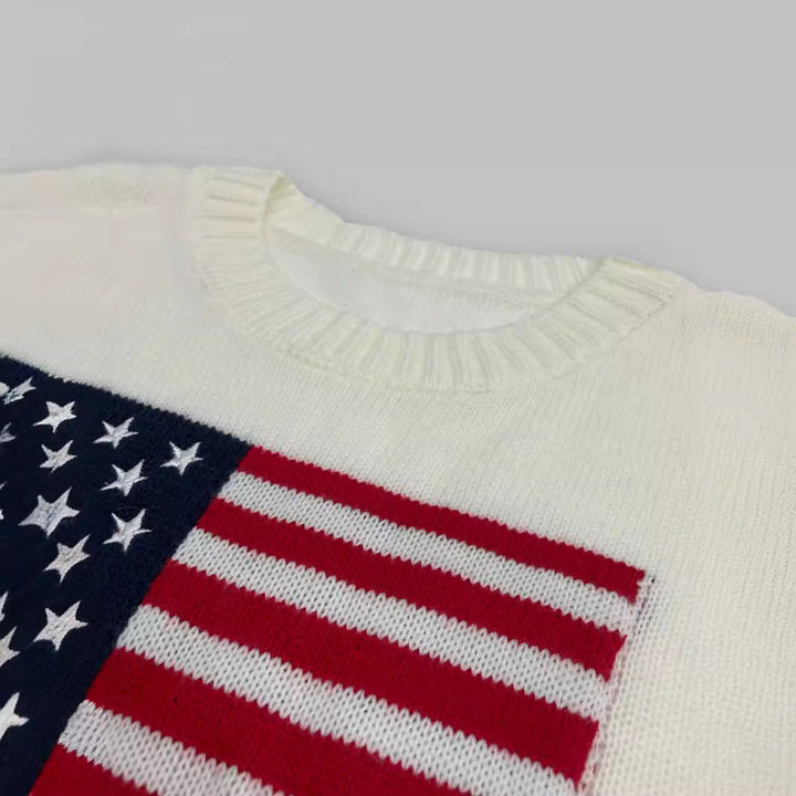 Strickpullover Damen mit amerikanischem Flaggenmotiv Rundhalsausschnitt
