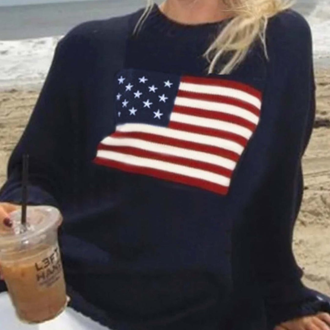 Strickpullover Damen mit amerikanischem Flaggenmotiv Rundhalsausschnitt