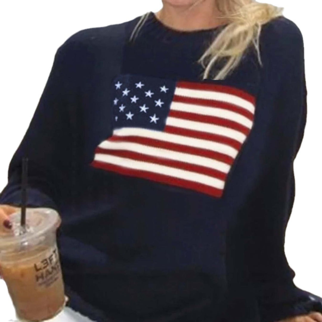 Strickpullover Damen mit amerikanischem Flaggenmotiv Rundhalsausschnitt