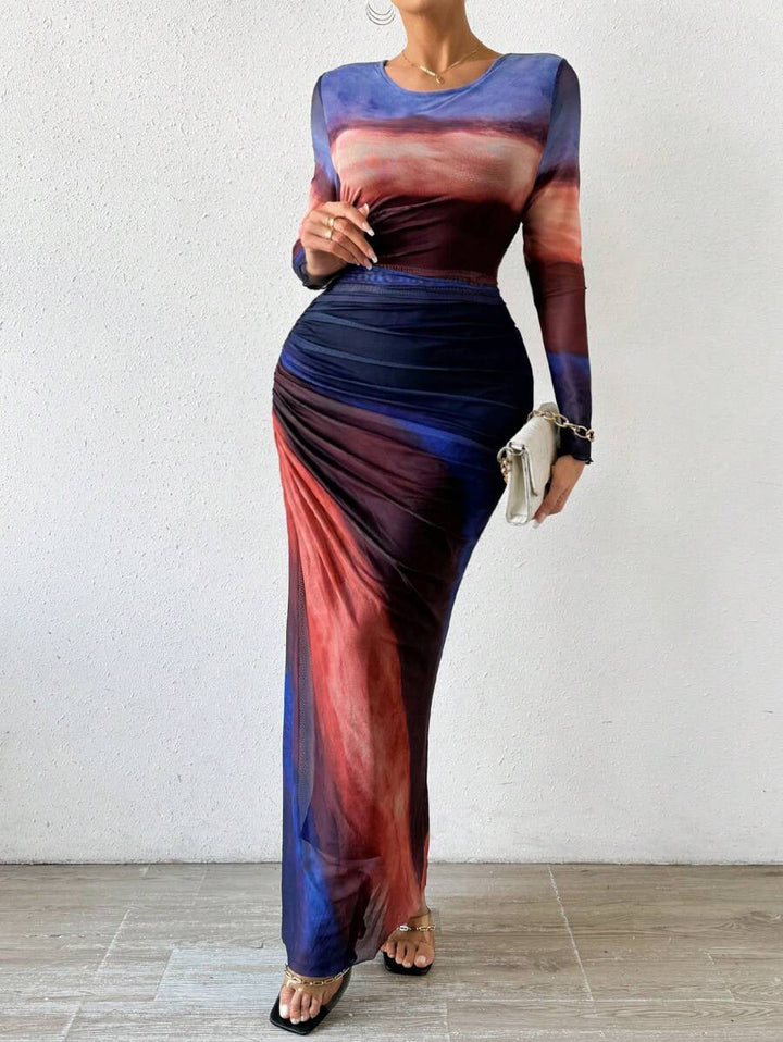 TORINA - Bequemes bedrucktes Maxikleid mit langen Ärmeln und Rundhalsausschnitt