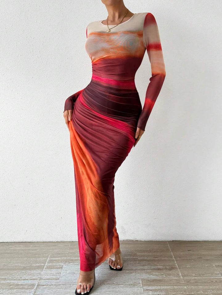 TORINA - Bequemes bedrucktes Maxikleid mit langen Ärmeln und Rundhalsausschnitt