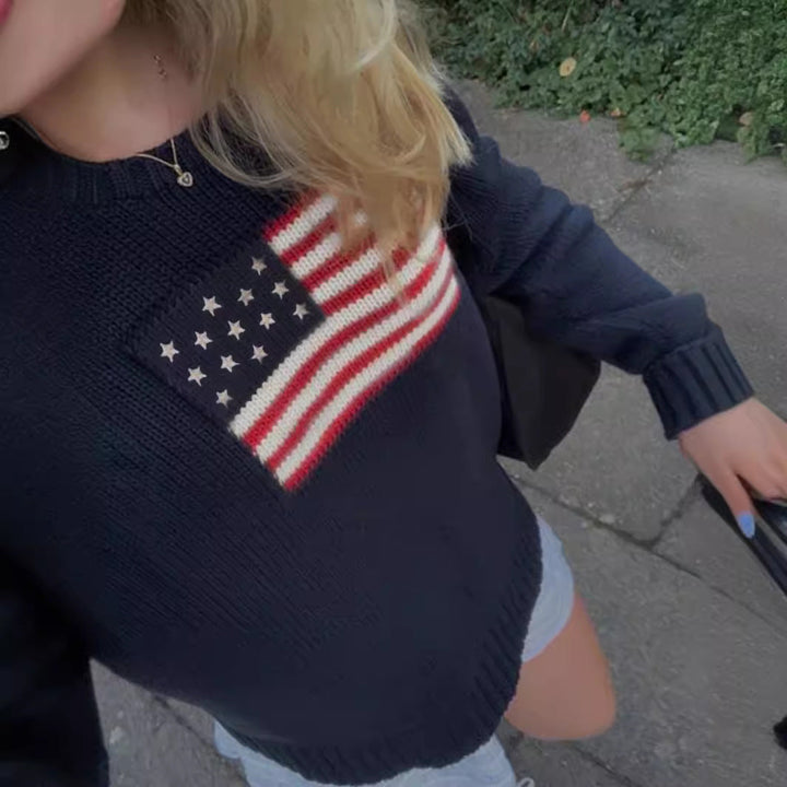 Strickpullover Damen mit amerikanischem Flaggenmotiv Rundhalsausschnitt