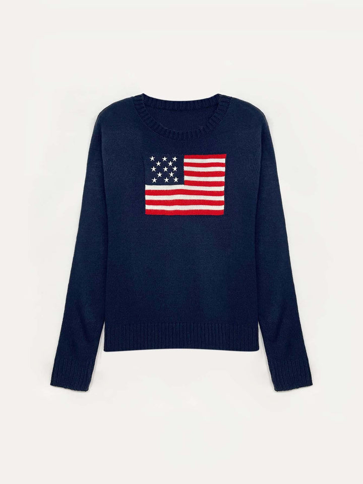 Strickpullover Damen mit amerikanischem Flaggenmotiv Rundhalsausschnitt