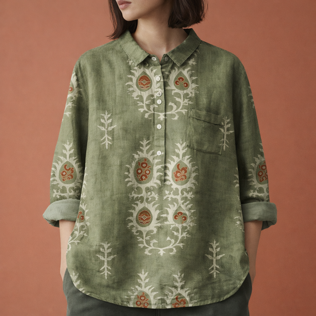 Blumenmuster Bluse mit langen Ärmeln und Kragen für Damen | Viona
