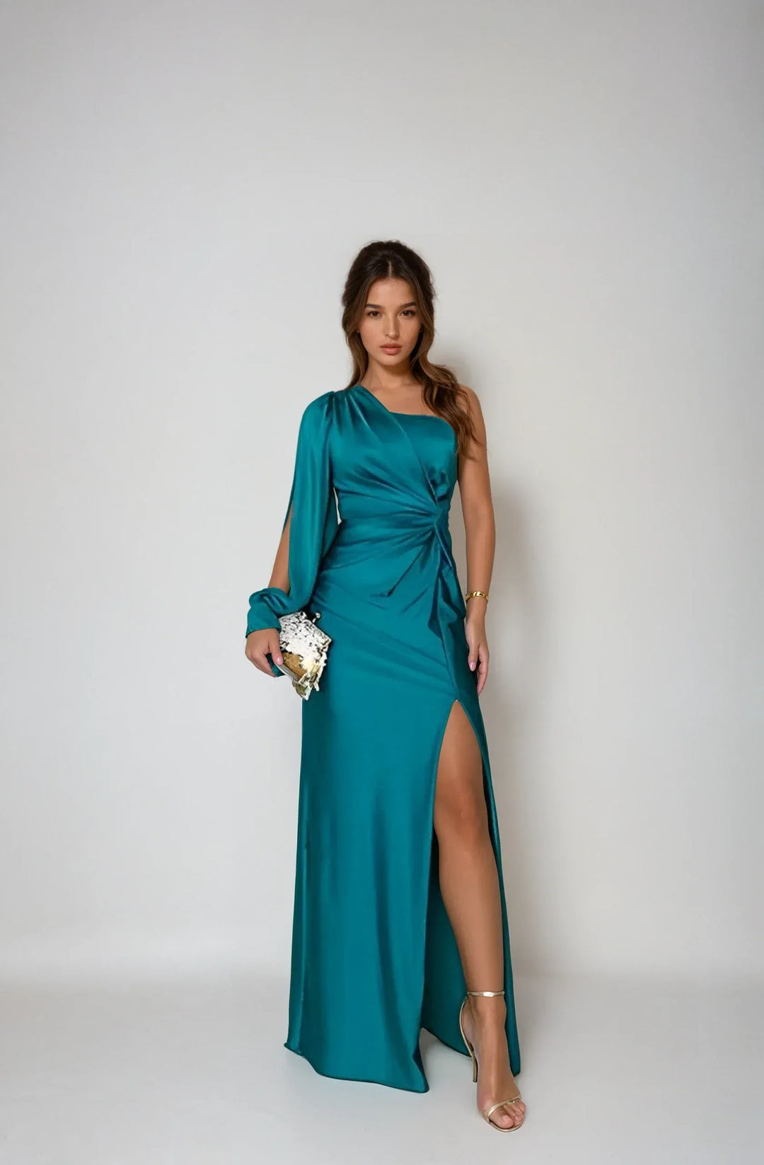 Einseitiges satiniertes Maxi-Abendkleid für Damen