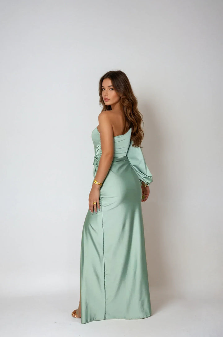 Einseitiges satiniertes Maxi-Abendkleid für Damen