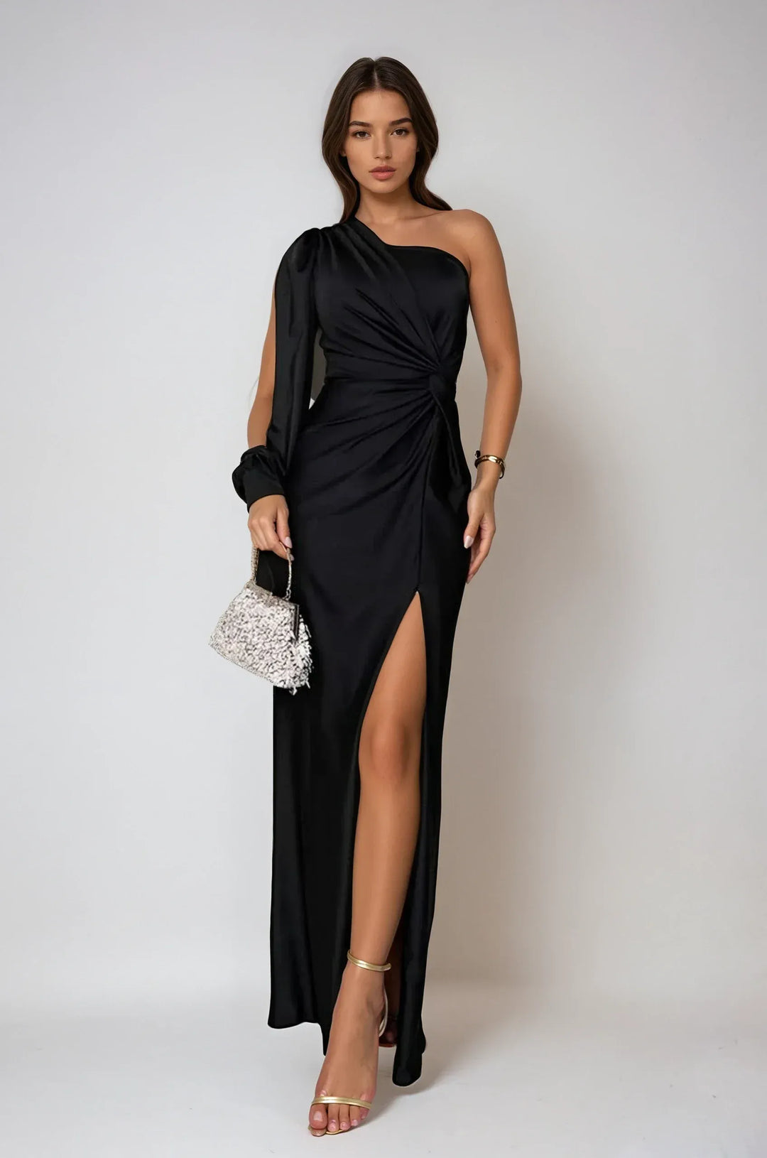 Einseitiges satiniertes Maxi-Abendkleid für Damen