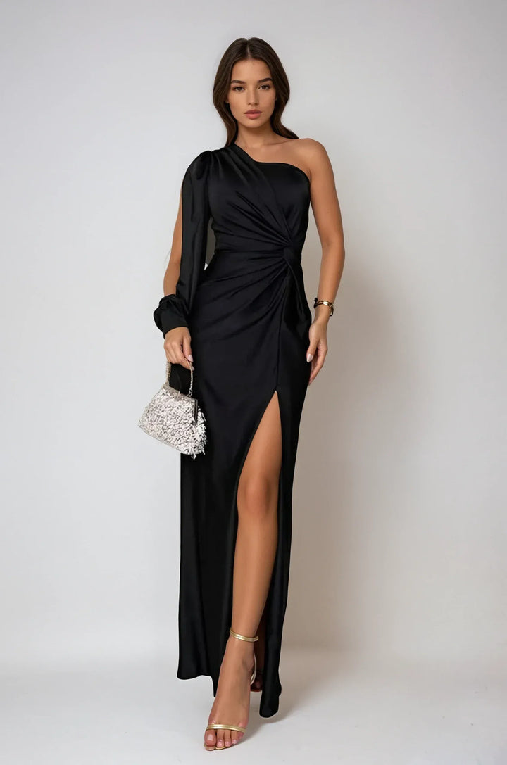 Einseitiges satiniertes Maxi-Abendkleid für Damen