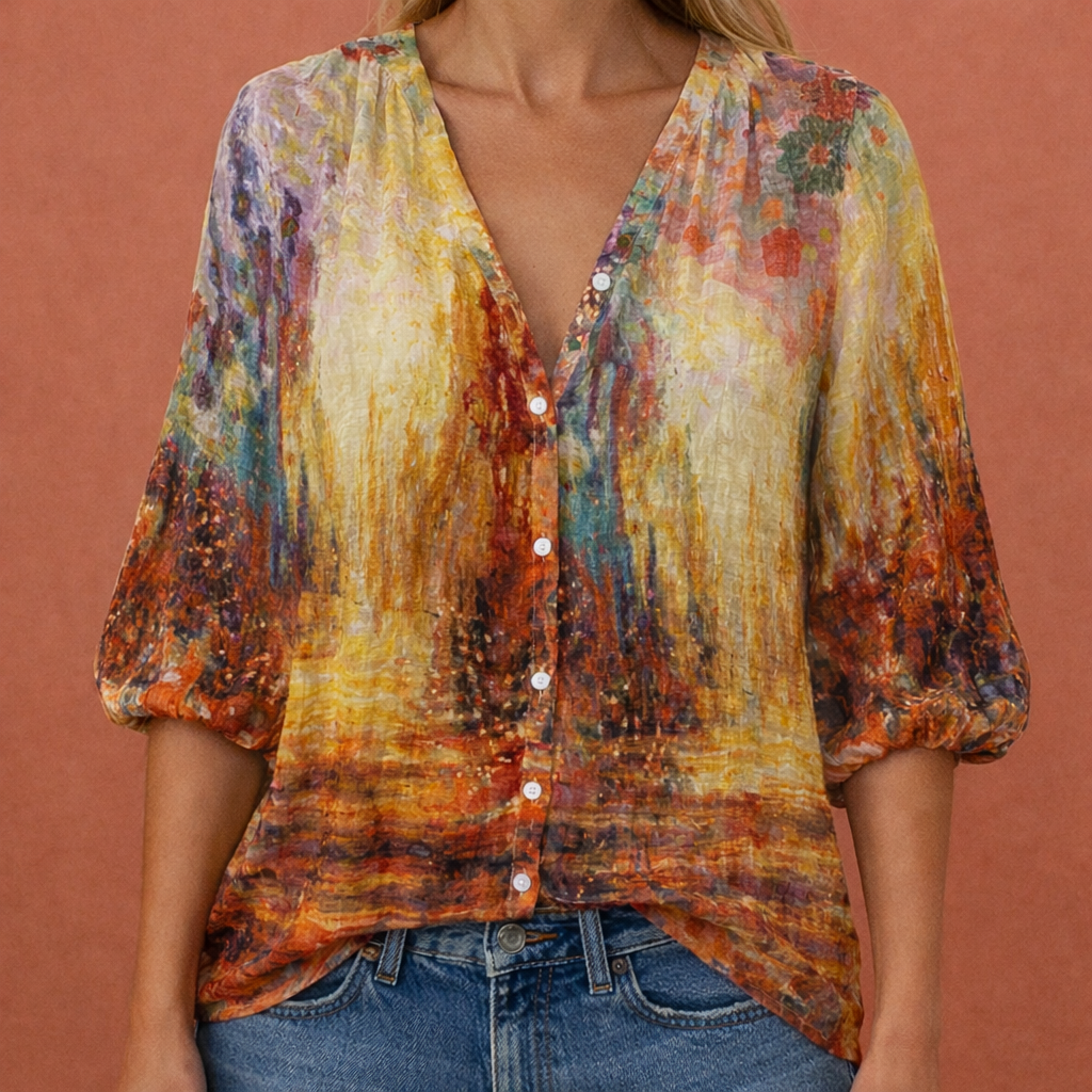 Bedruckte Bluse mit V-Ausschnitt und Knopfverschluss für Damen | Mireya