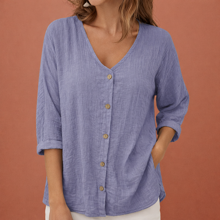 V-Ausschnitt Damen T-Shirt mit Knopfverschluss und Dreiviertelärmeln | Ylena