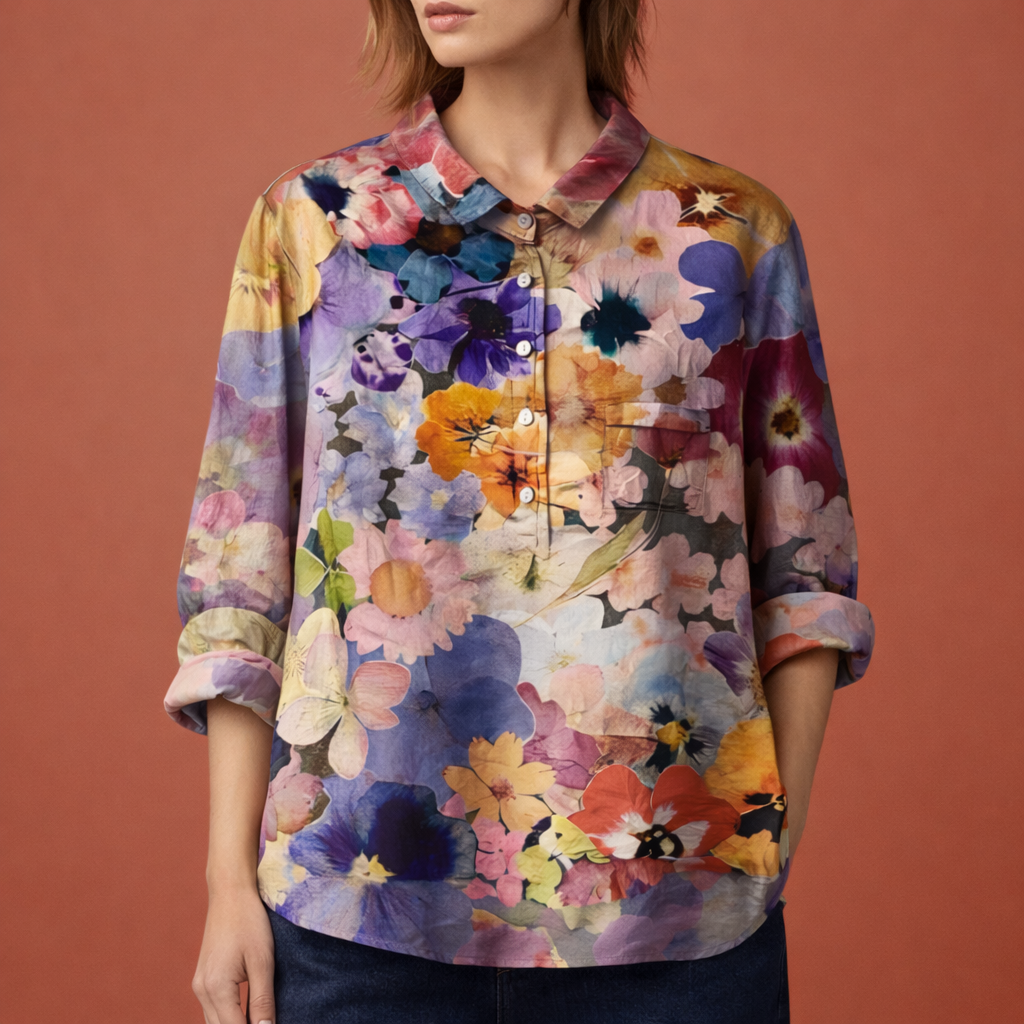 Blumenmuster Bluse mit langen Ärmeln und Kragen für Damen | Viona