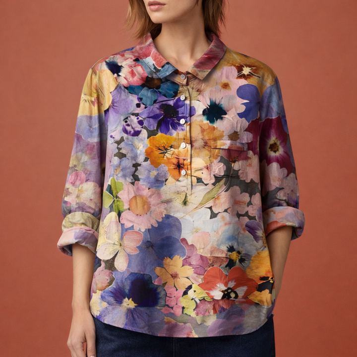 Blumenmuster Bluse mit langen Ärmeln und Kragen für Damen | Viona