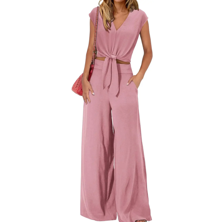 Michelle - V-Ausschnitt Crop Top mit Knoten vorne und weit geschnittene Hose Set