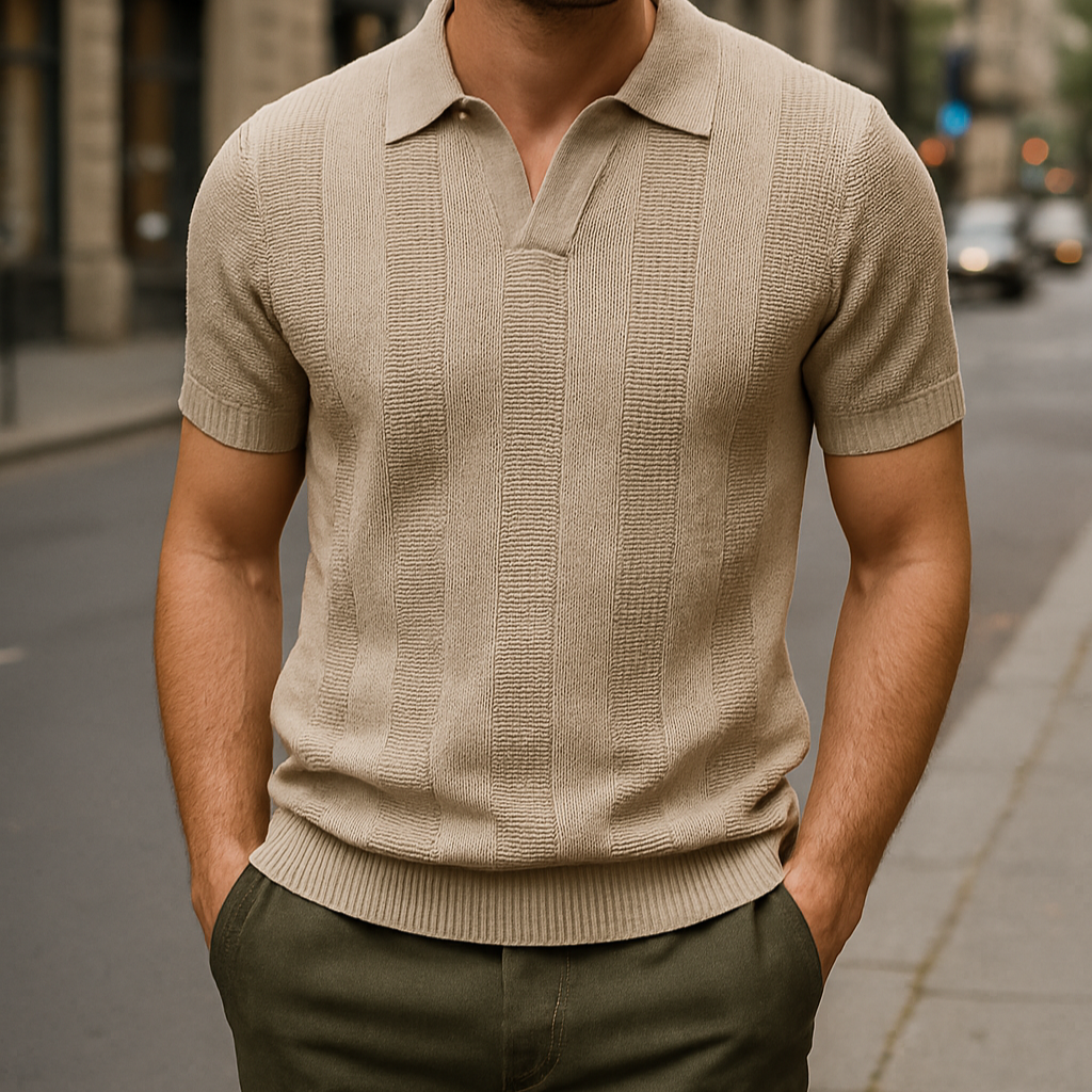 Herren T-Shirt - Offener Polokragen mit Vertikalem Muster | Slim Fit