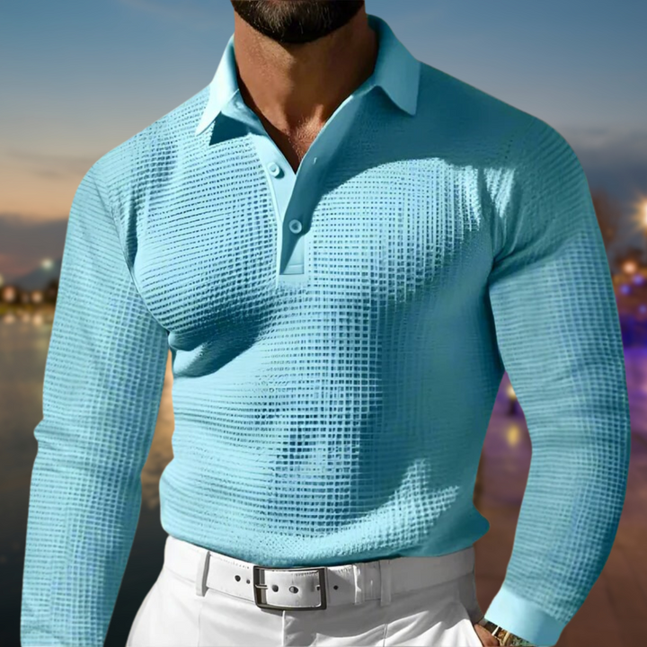 Herren T-Shirt - Rekken Fit Polo mit langen Ärmeln und Waffeltextur | Elegant