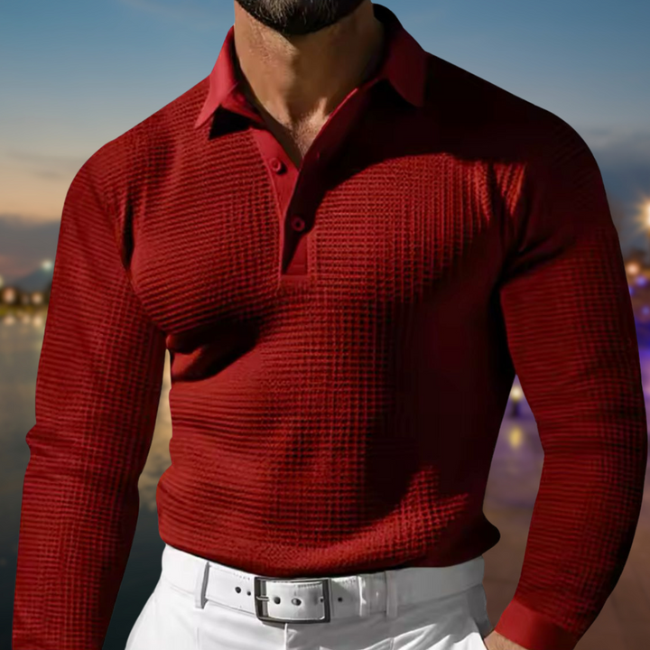 Herren T-Shirt - Rekken Fit Polo mit langen Ärmeln und Waffeltextur | Elegant