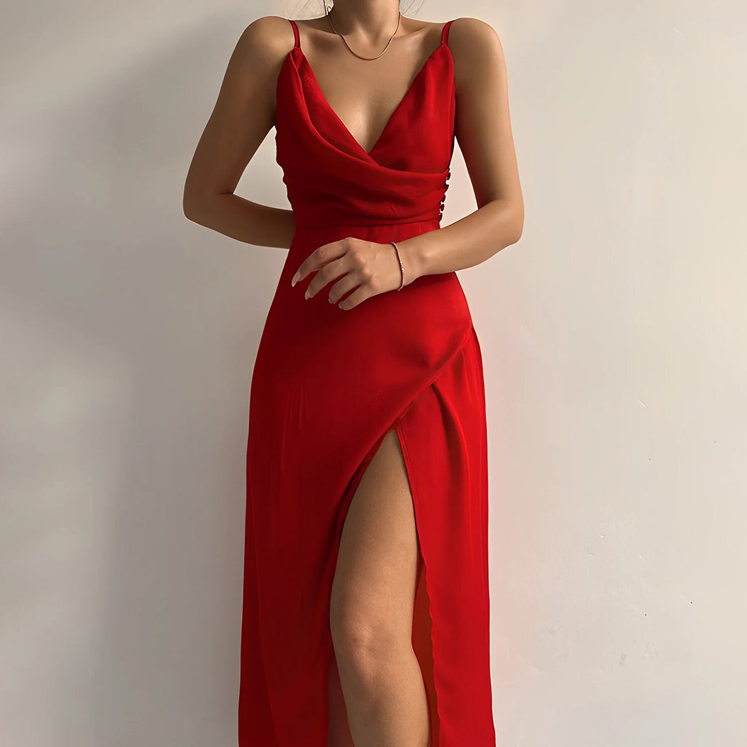Amalia Kleid | Langes Chiffon- &amp; Satin-Kleid mit Pailletten und elegantem V-Ausschnitt