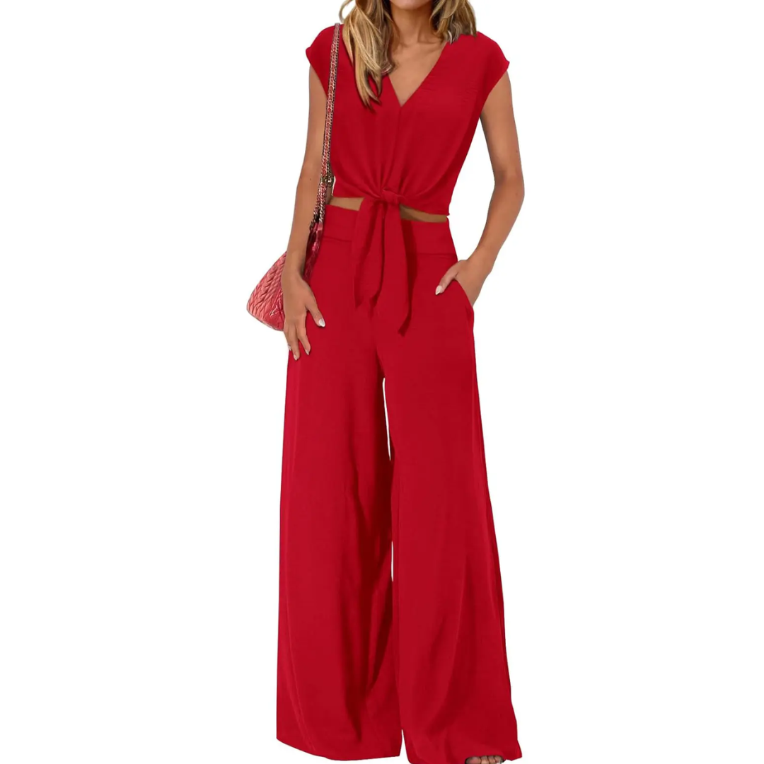 Michelle - V-Ausschnitt Crop Top mit Knoten vorne und weit geschnittene Hose Set