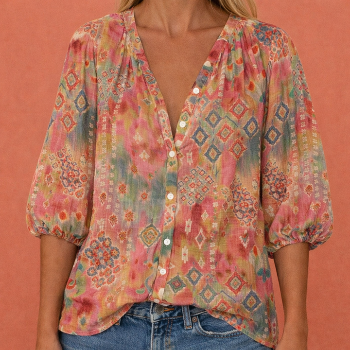 Bedruckte Bluse mit V-Ausschnitt und Knopfverschluss für Damen | Mireya