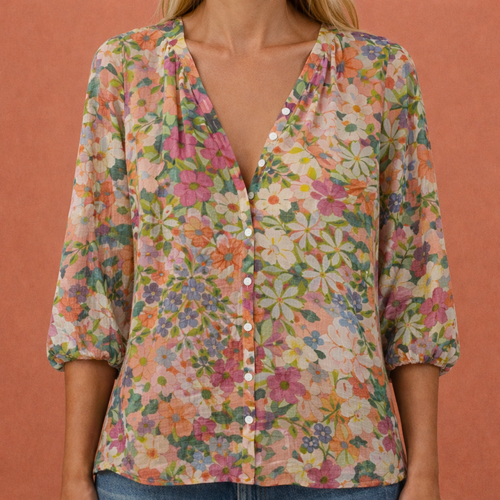 Bedruckte Bluse mit V-Ausschnitt und Knopfverschluss für Damen | Mireya