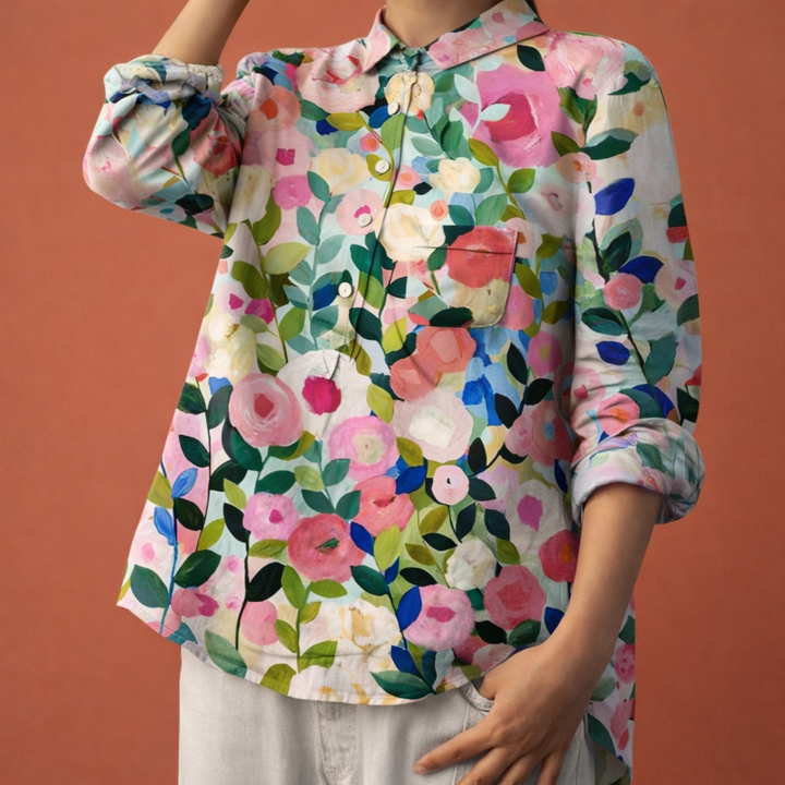 Blumenmuster Bluse mit langen Ärmeln und Kragen für Damen | Viona