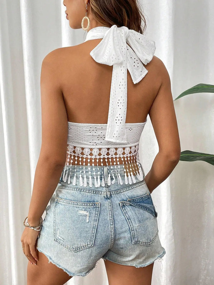 Neckholder-Top Damen Spitze Fransen