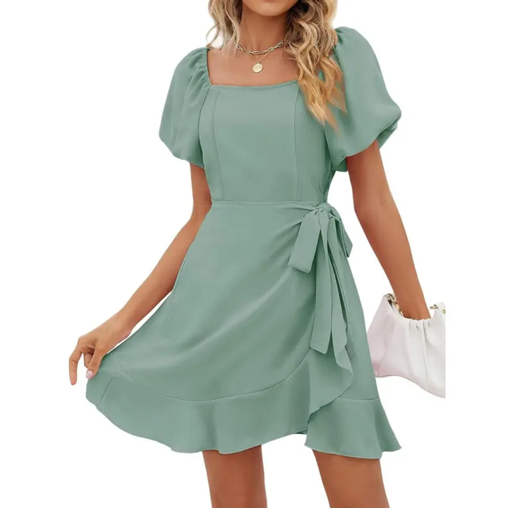 Donna - Mini-Kleid mit quadratischem Ausschnitt, Puffärmeln und Gürtelschärpe