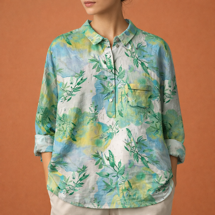 Blumenmuster Bluse mit langen Ärmeln und Kragen für Damen | Viona