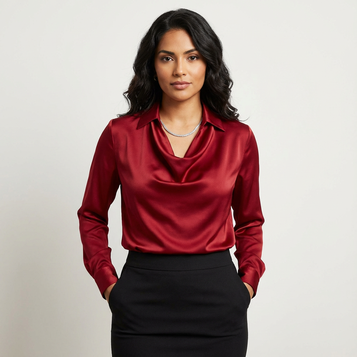 Damen Satinbluse mit Drapiertem Kragen