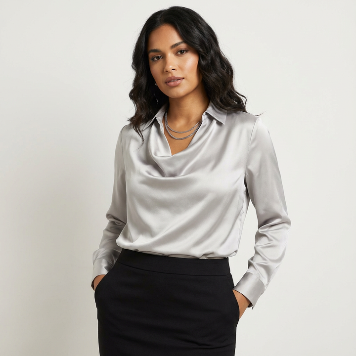 Damen Satinbluse mit Drapiertem Kragen