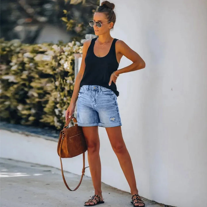 Hochtaillierte Jeansshorts mit umgeschlagenem Saum für Damen | Ideal für den Sommer und lässige Ausflüge