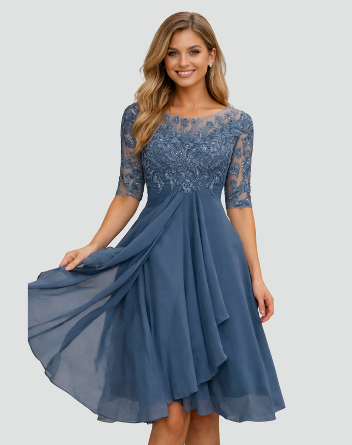 Midi Festkleid Damen aus Spitze mit 3/4 Arm und Tüllrock, Elegant für Hochzeit und Gala - Adriana Torrisi