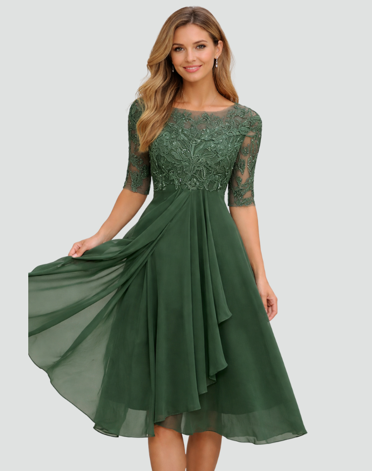 Midi Festkleid Damen aus Spitze mit 3/4 Arm und Tüllrock, Elegant für Hochzeit und Gala - Adriana Torrisi