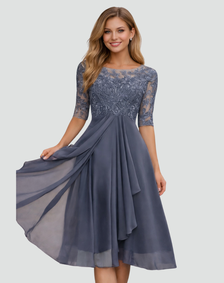 Midi Festkleid Damen aus Spitze mit 3/4 Arm und Tüllrock, Elegant für Hochzeit und Gala - Adriana Torrisi