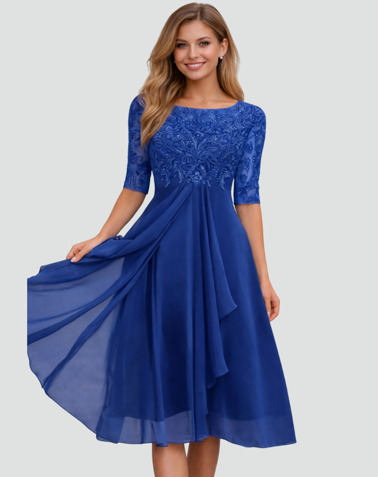 Midi Festkleid Damen aus Spitze mit 3/4 Arm und Tüllrock, Elegant für Hochzeit und Gala - Adriana Torrisi