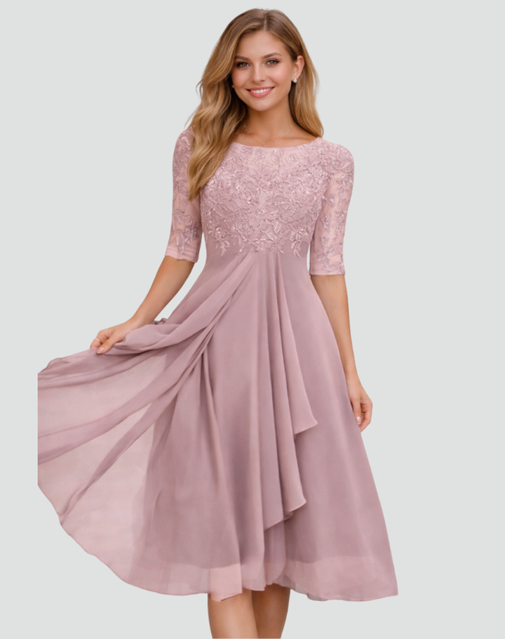 Midi Festkleid Damen aus Spitze mit 3/4 Arm und Tüllrock, Elegant für Hochzeit und Gala - Adriana Torrisi