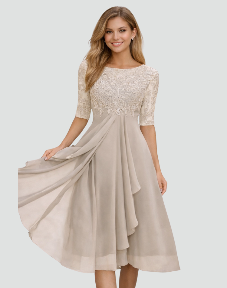 Midi Festkleid Damen aus Spitze mit 3/4 Arm und Tüllrock, Elegant für Hochzeit und Gala - Adriana Torrisi