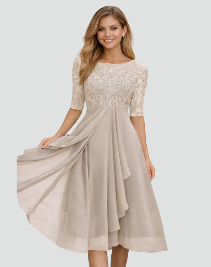 Midi Festkleid Damen aus Spitze mit 3/4 Arm und Tüllrock, Elegant für Hochzeit und Gala - Adriana Torrisi