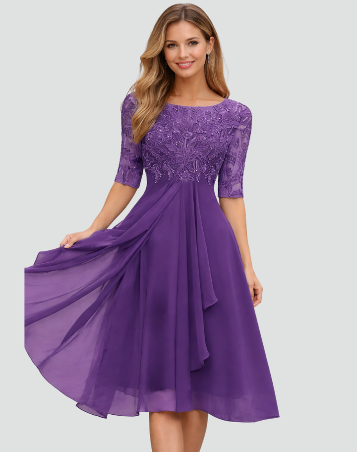 Midi Festkleid Damen aus Spitze mit 3/4 Arm und Tüllrock, Elegant für Hochzeit und Gala - Adriana Torrisi