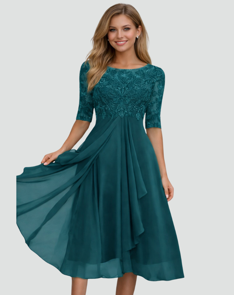 Midi Festkleid Damen aus Spitze mit 3/4 Arm und Tüllrock, Elegant für Hochzeit und Gala - Adriana Torrisi