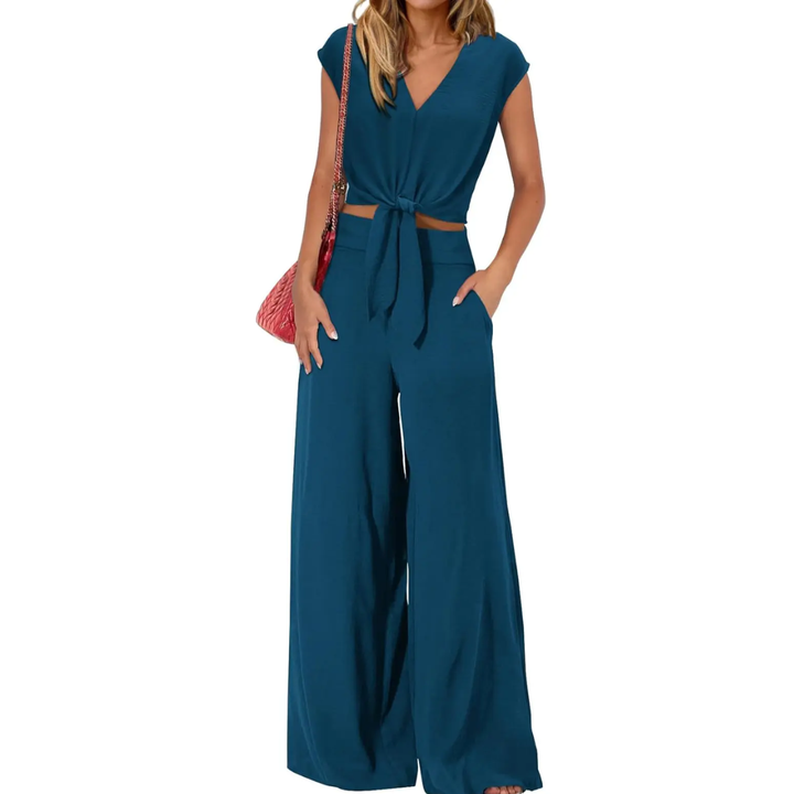 Michelle - V-Ausschnitt Crop Top mit Knoten vorne und weit geschnittene Hose Set