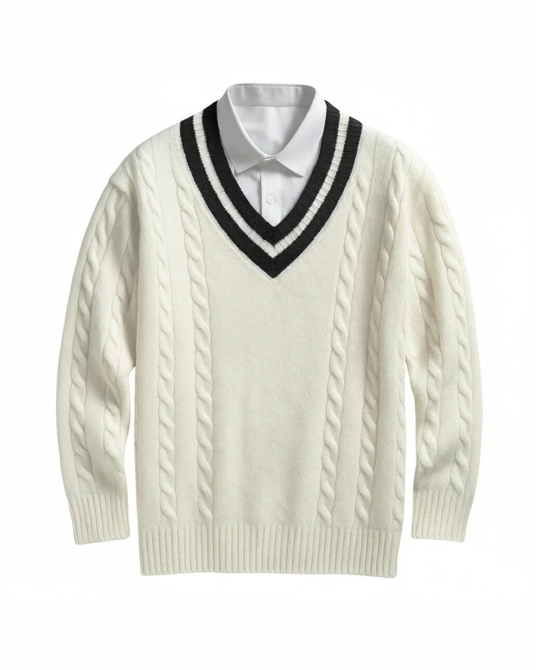 Zane | Herren Kabelstrick V-Ausschnitt Pullover mit gestreiftem Kragenrand