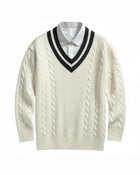 Zane | Herren Kabelstrick V-Ausschnitt Pullover mit gestreiftem Kragenrand
