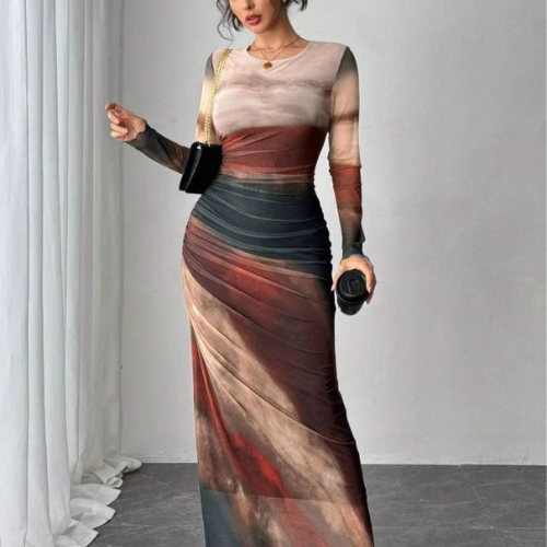 TORINA - Bequemes bedrucktes Maxikleid mit langen Ärmeln und Rundhalsausschnitt