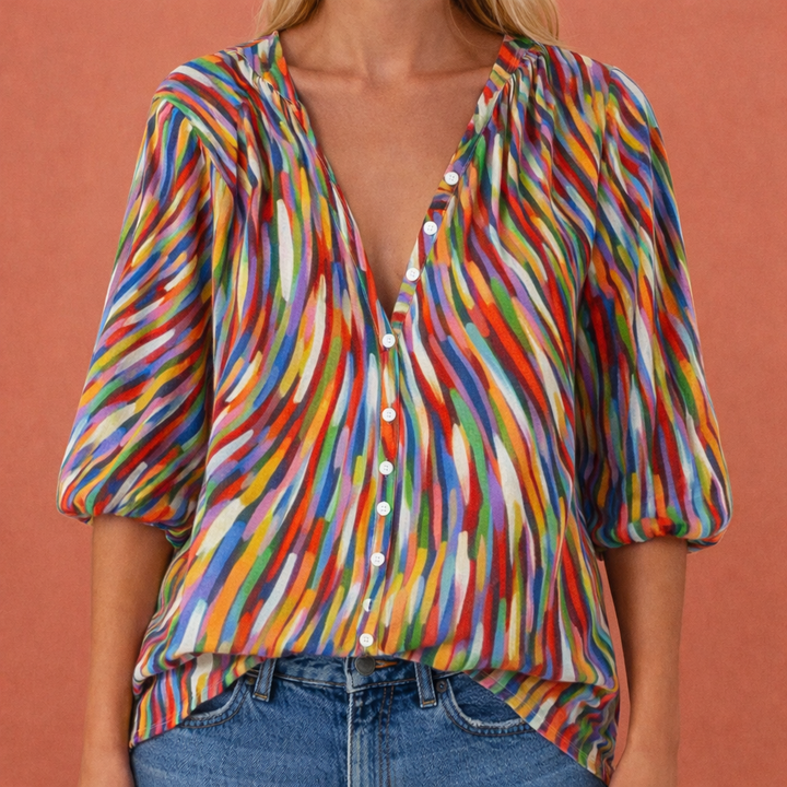 Bedruckte Bluse mit V-Ausschnitt und Knopfverschluss für Damen | Mireya