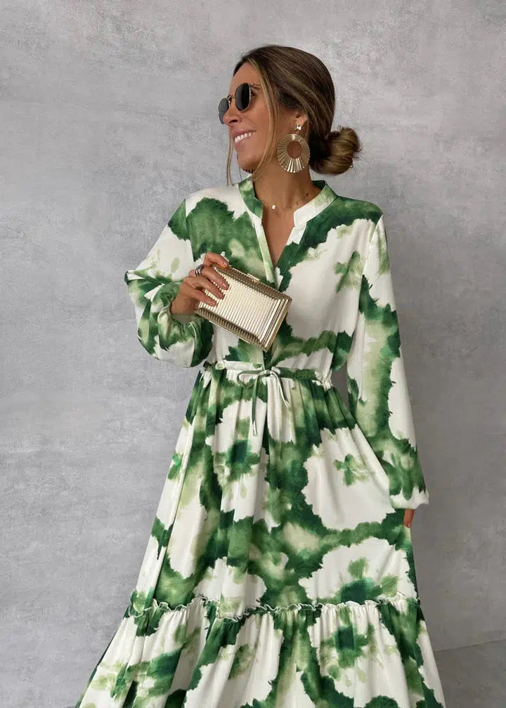Lange Grüne Robe mit Langarm und V-Ausschnitt für Frauen | Ideal für Abendveranstaltungen