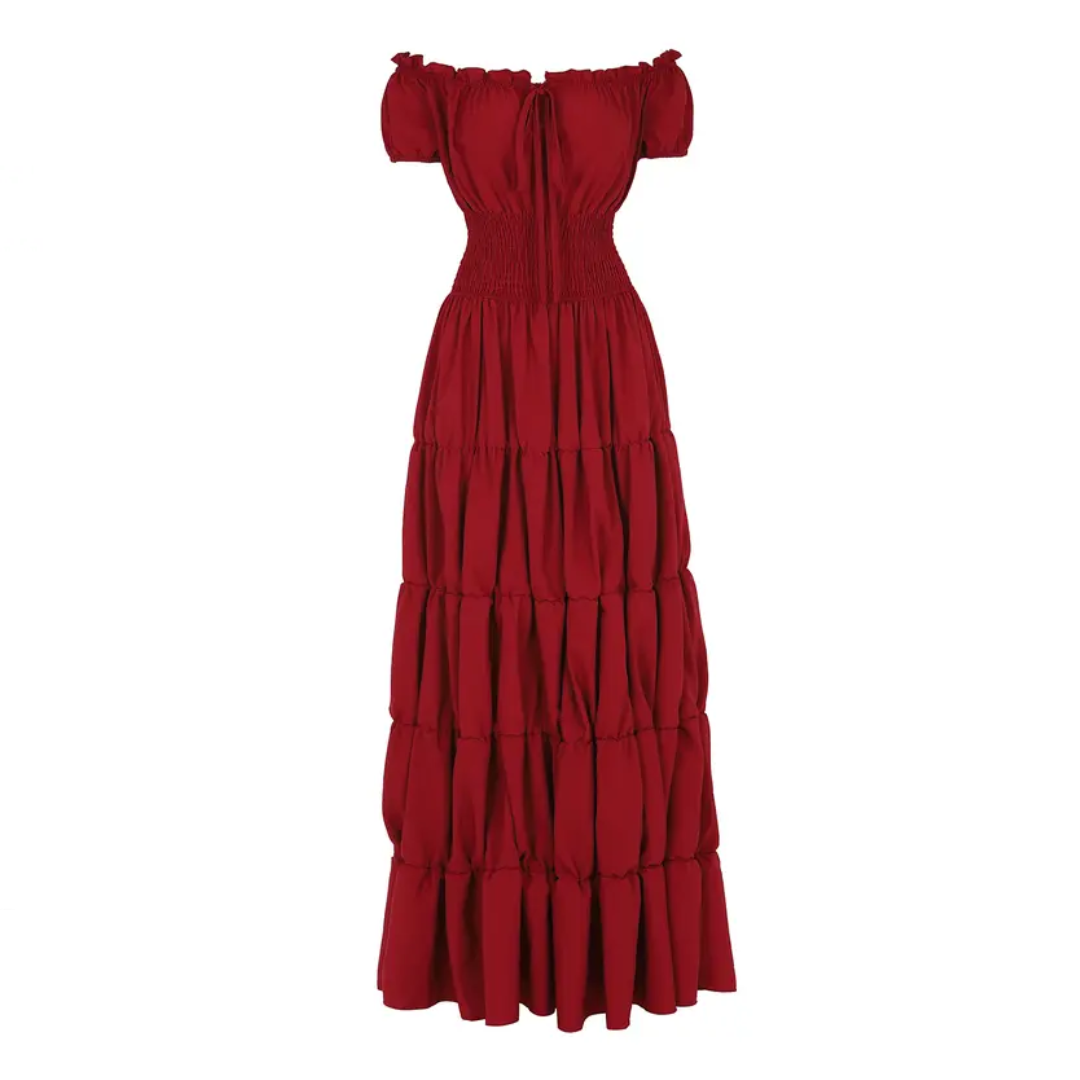 Margaret - Damen Maxikleid mit schulterfreiem Design und gestuftem Rock mit gerafftem Bund