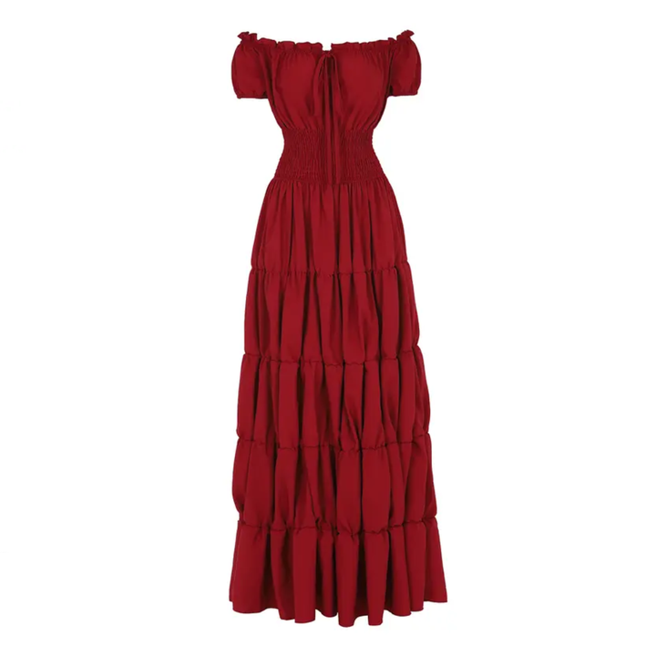 Margaret - Damen Maxikleid mit schulterfreiem Design und gestuftem Rock mit gerafftem Bund