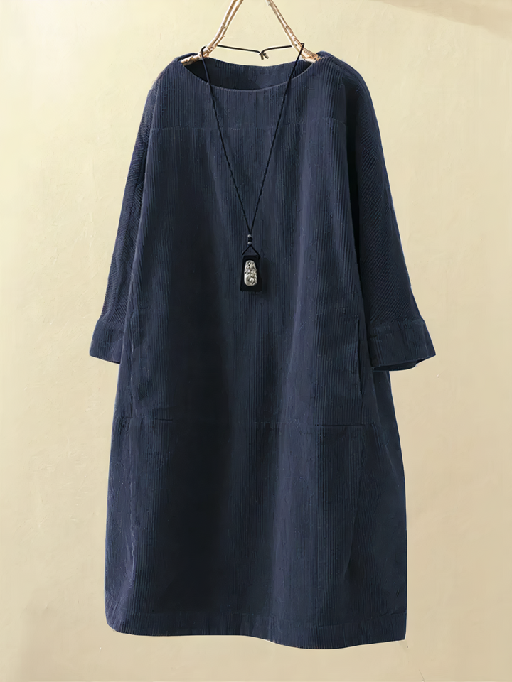 Damen Corduroy Rundhals Midi Kleid